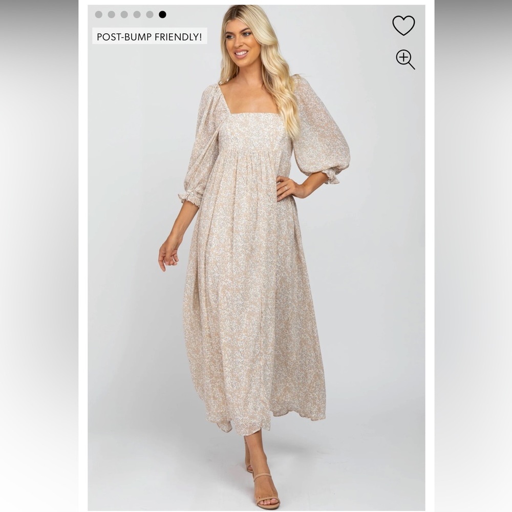 Pink Blush - Beige Chiffon Printed Square Neck Empire Maternity Maxi Dress